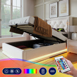 Upholstered Single Bed, Hydraulic Storage with USB & LED, Beige Cotton
