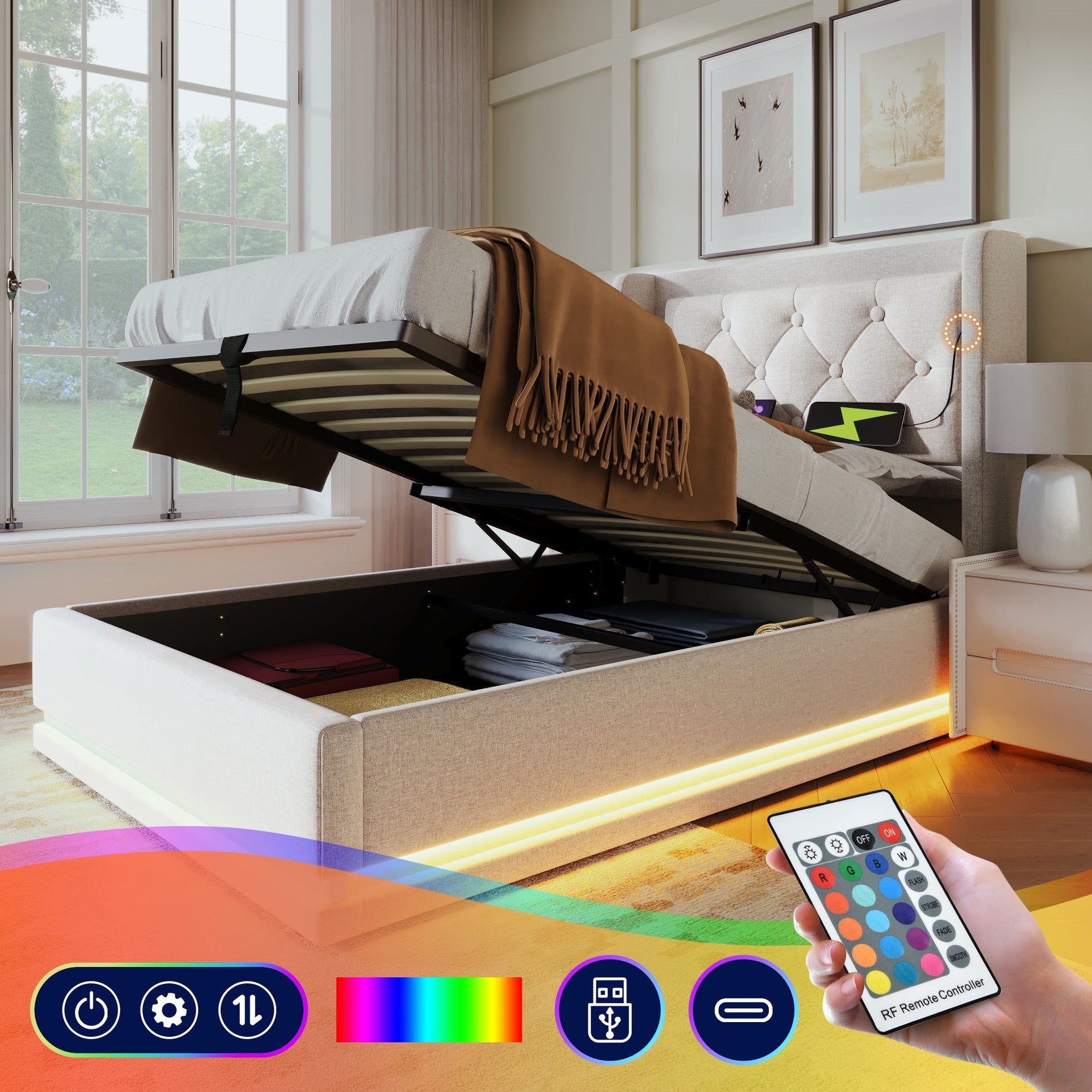 Upholstered Single Bed, Hydraulic Storage with USB & LED, Beige Cotton