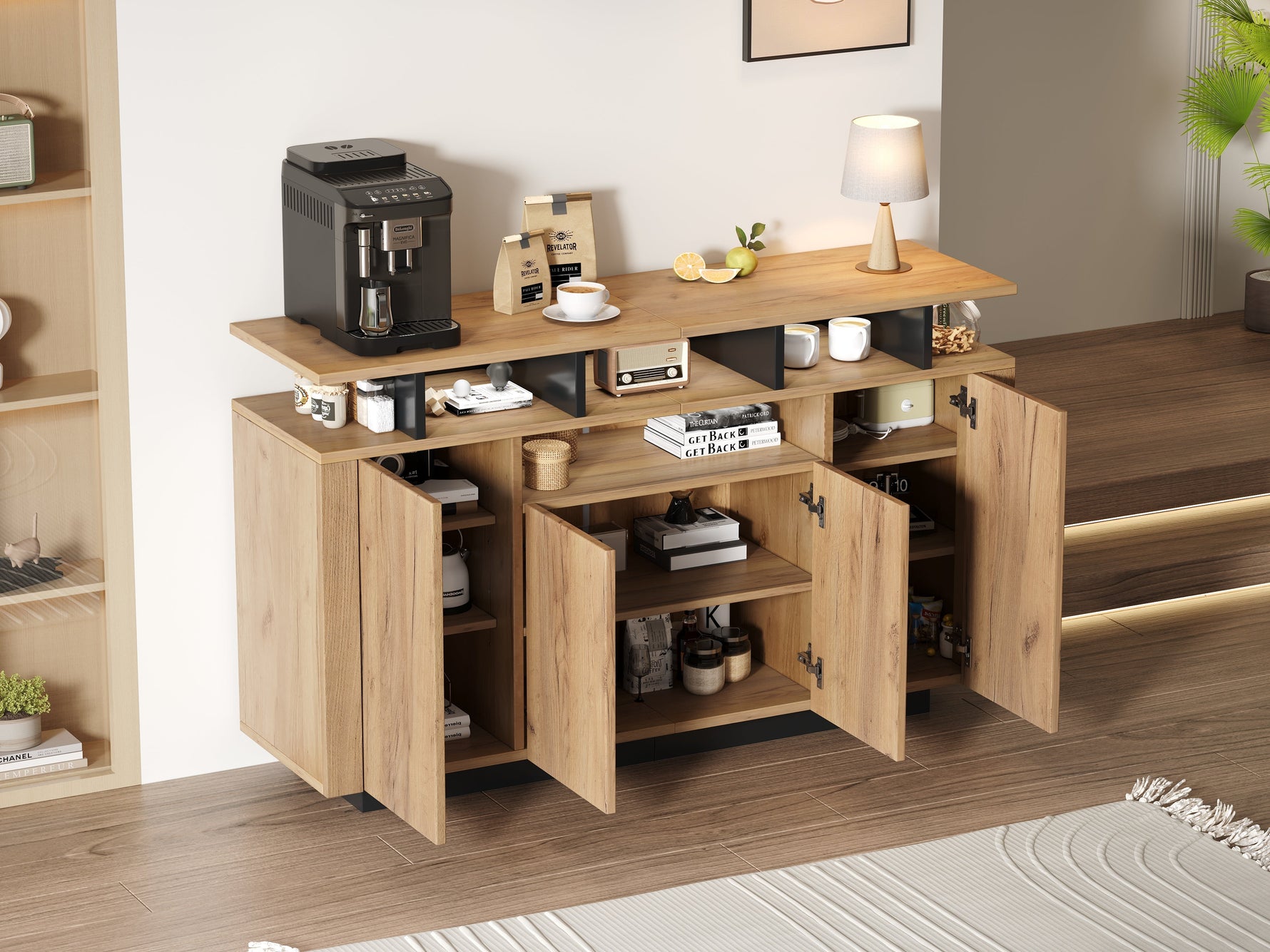 Sideboard Chest of Drawers with 4 Doors and 3 Open Compartments, Natural