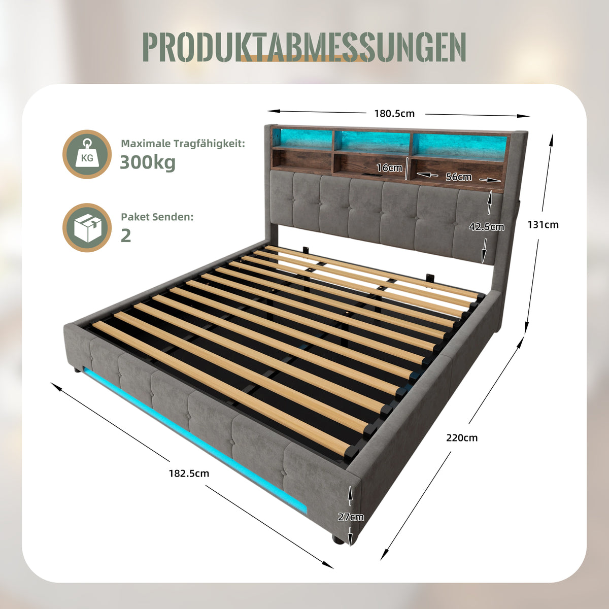 Storage Bed 180x200 cm with LED & Headboard in Velvet