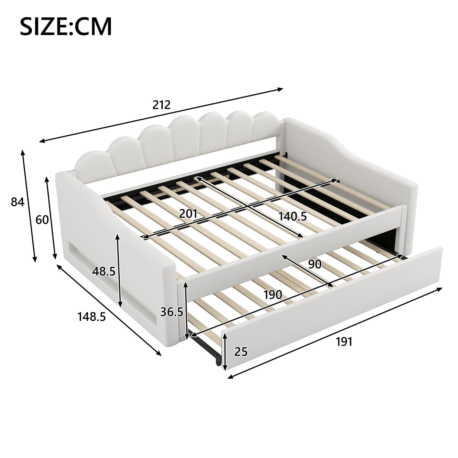 Daybed, Upholstered with LED Belt & Pull-Out, 140x200cm, Beige