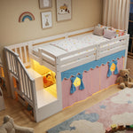Mid-Height Bed 90x200cm with LED Light & Curtains, White Pine