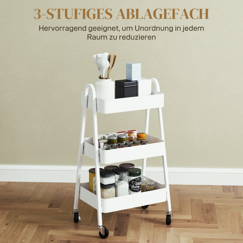Serving Cart, 3 Levels with Wheels and Brake, White