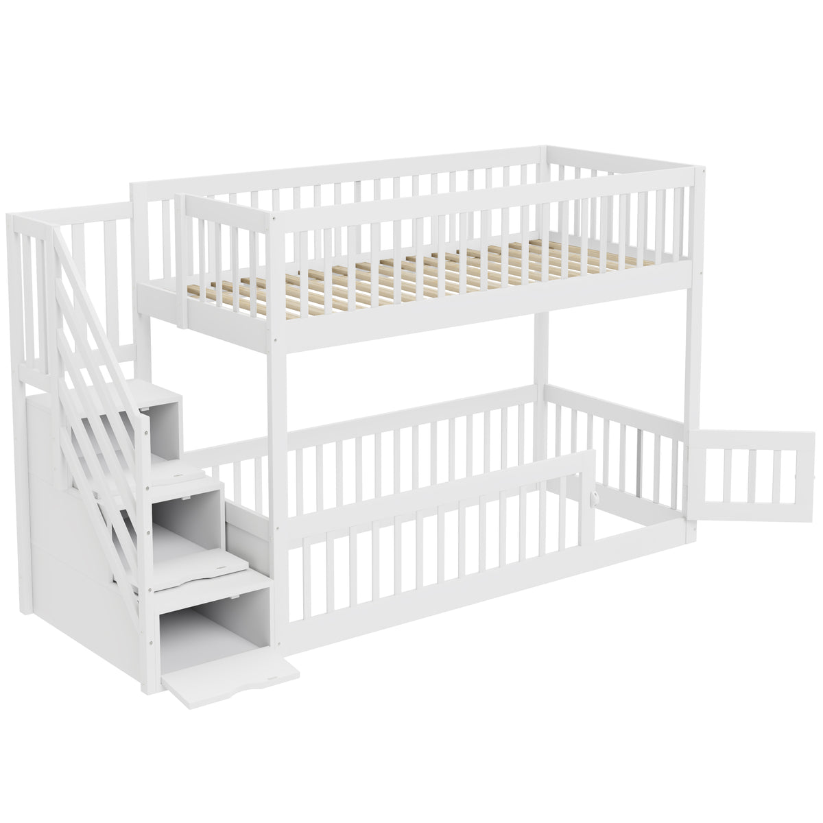 Bunk Bed 90x200 with Safety Stairs & Drawers, White Wood