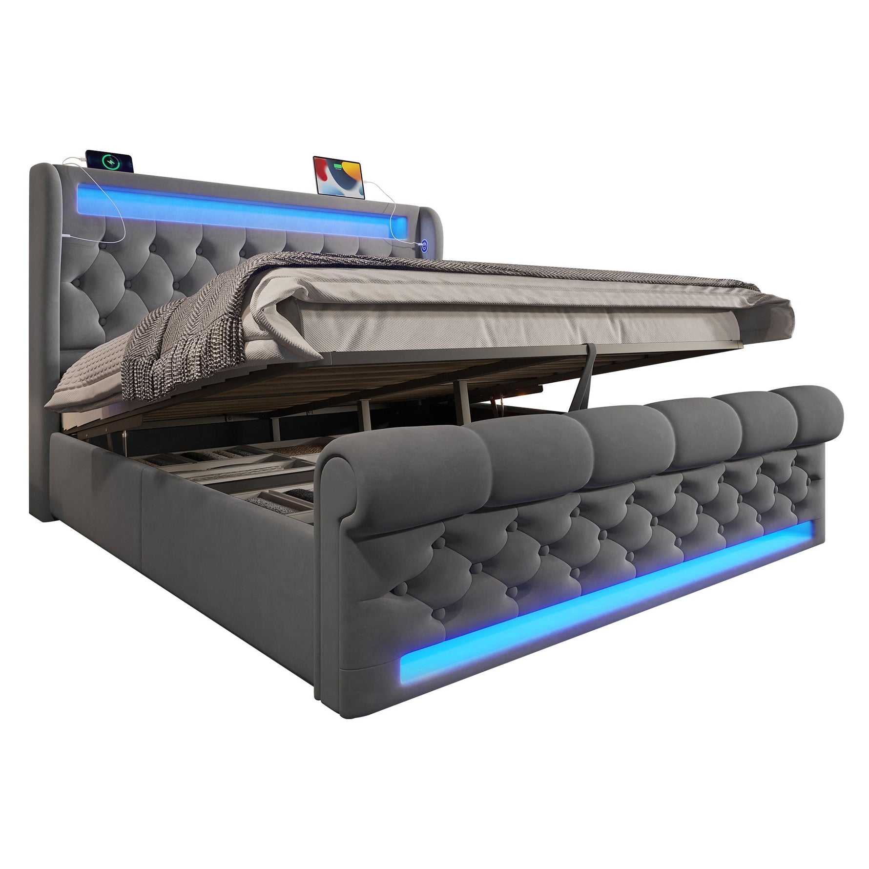Modern Upholstered Double Bed 140x200cm LED Storage USB-C Hydraulic Grey Velvet