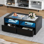 Coffee Table 100x50x35cm LED Light 2 Drawers Glass Storage Black