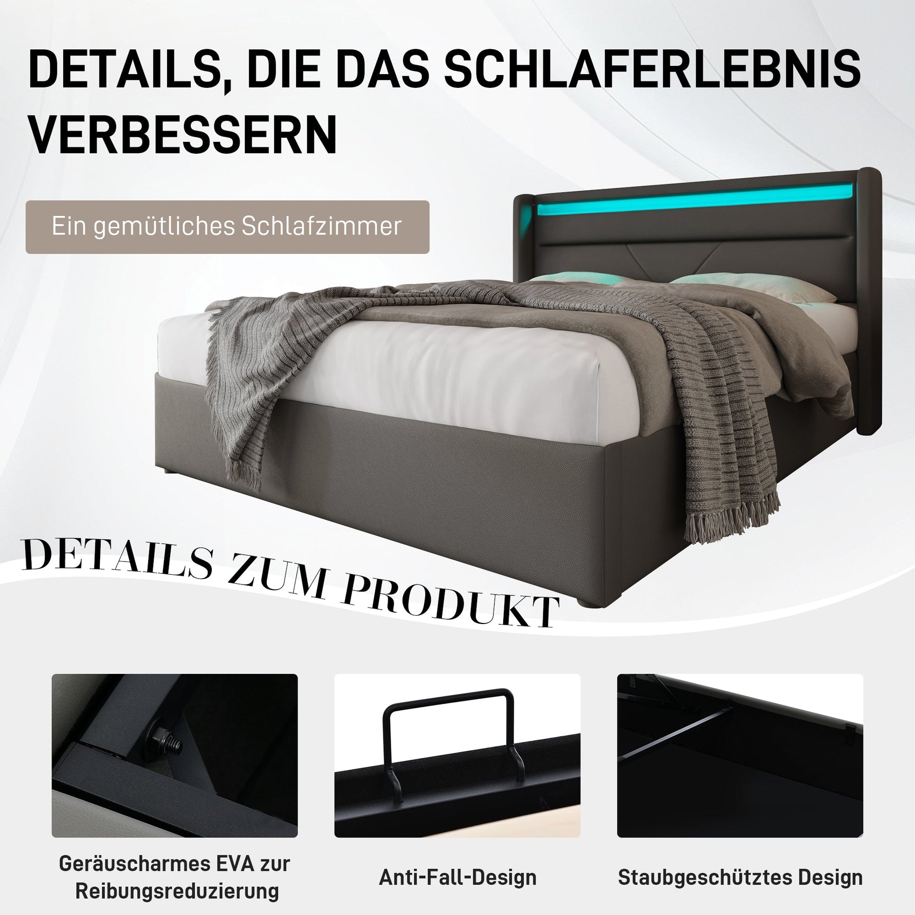 Hydraulic Storage Bed with LED Lighting and Remote Control, 160x200cm, Grey Upholstered Bed Frame