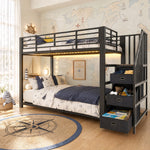 Metal Bunk Bed 90x200cm with Stairs, Storage & LED, Black