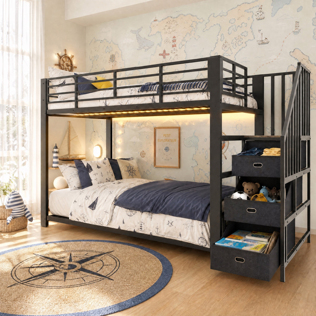 Metal Bunk Bed 90x200cm with Stairs, Storage & LED, Black