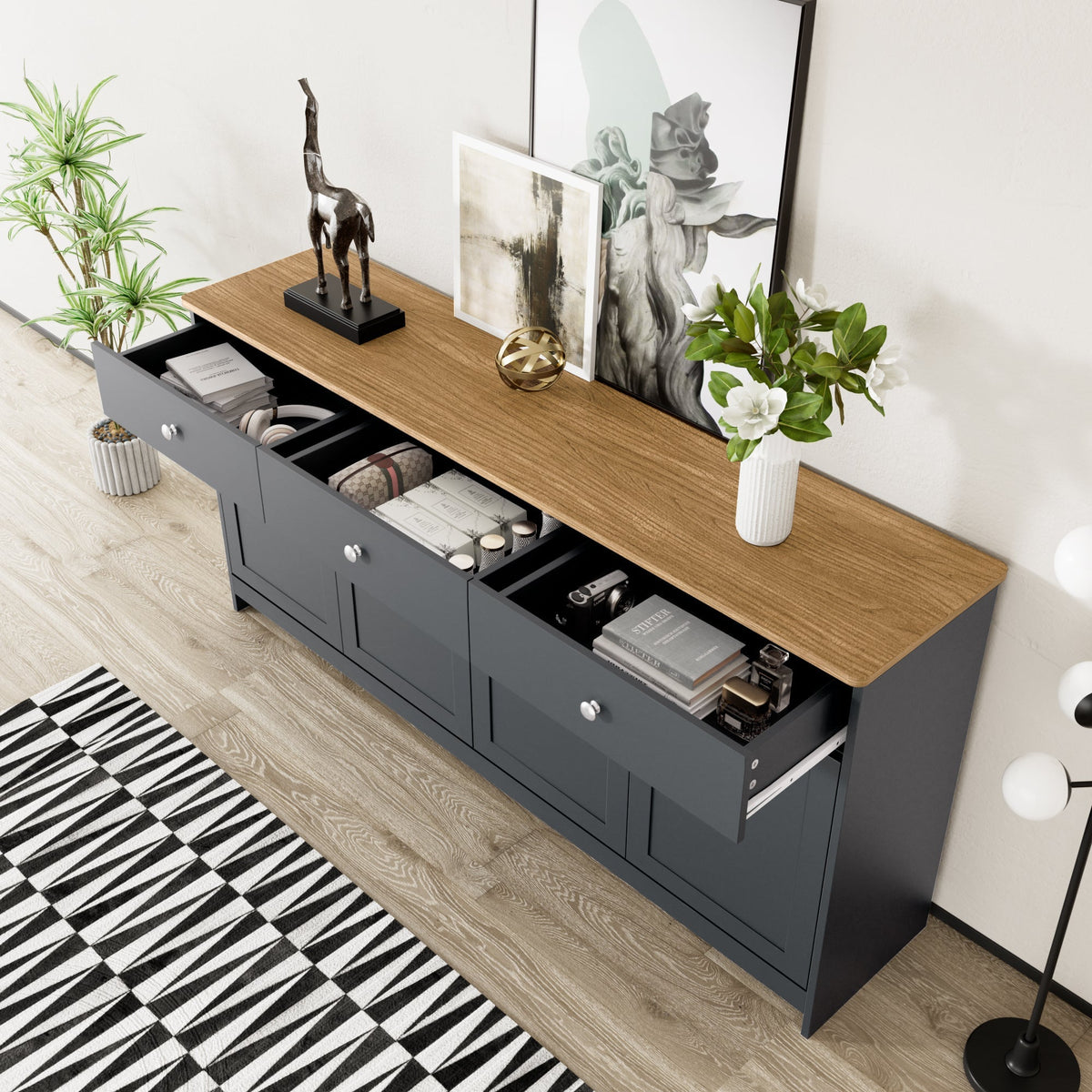 Sideboard Storage Cabinet, 4 Doors 3 Drawers Wood Grain, Grey and Black