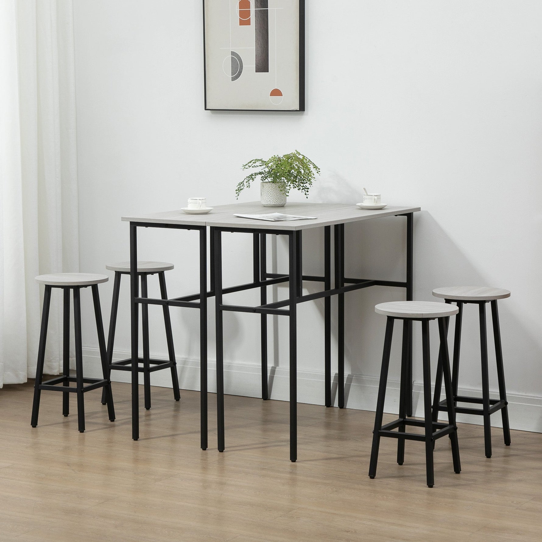 Dining Set, 6-Piece with 2 Bar Tables and 4 Stools, Industrial Design, Gray and Black Chipboard and Steel