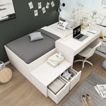 Children's Bed, Solid Wood Single with Desk & Drawers, White