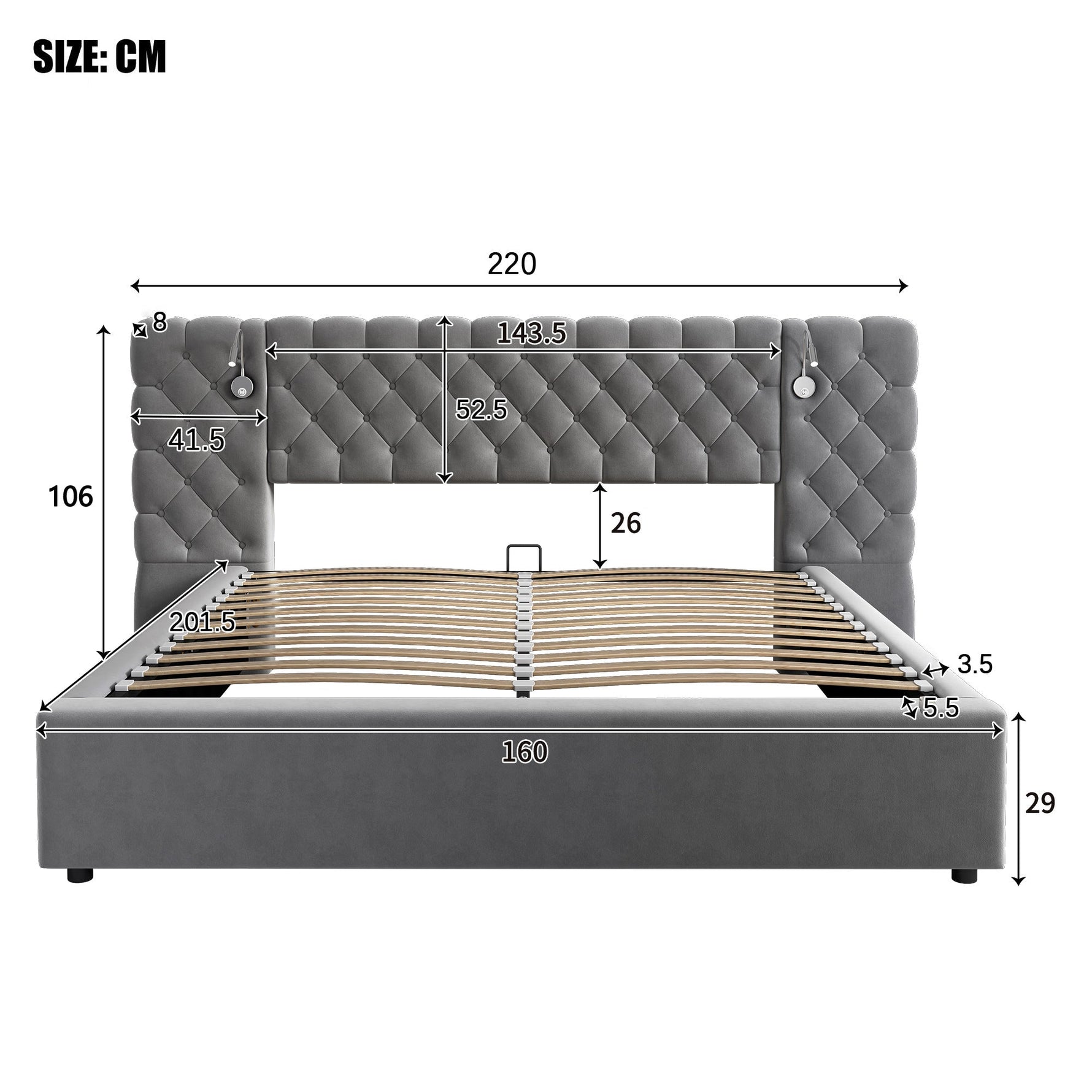 Upholstered Double Bed 160x200cm Hydraulic Storage LED Headboard Lamp - Velvet Grey