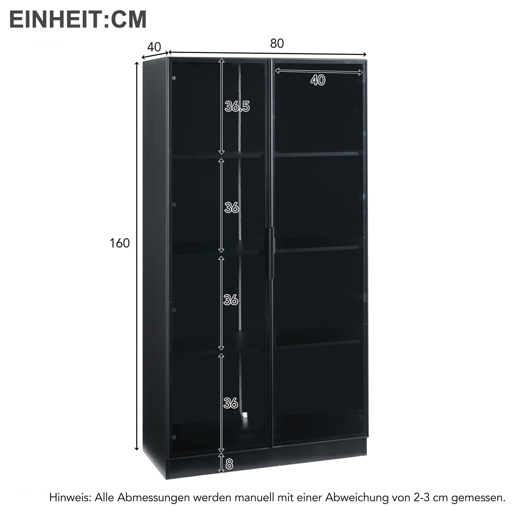 Glass Display Cabinet, Double-Door Adjustable Shelves 80x40x160cm, App-Controlled LED Lighting
