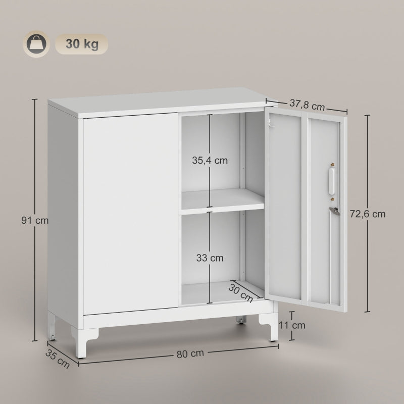 Metal Office Cabinet, Lockable Doors 2-Tier, White