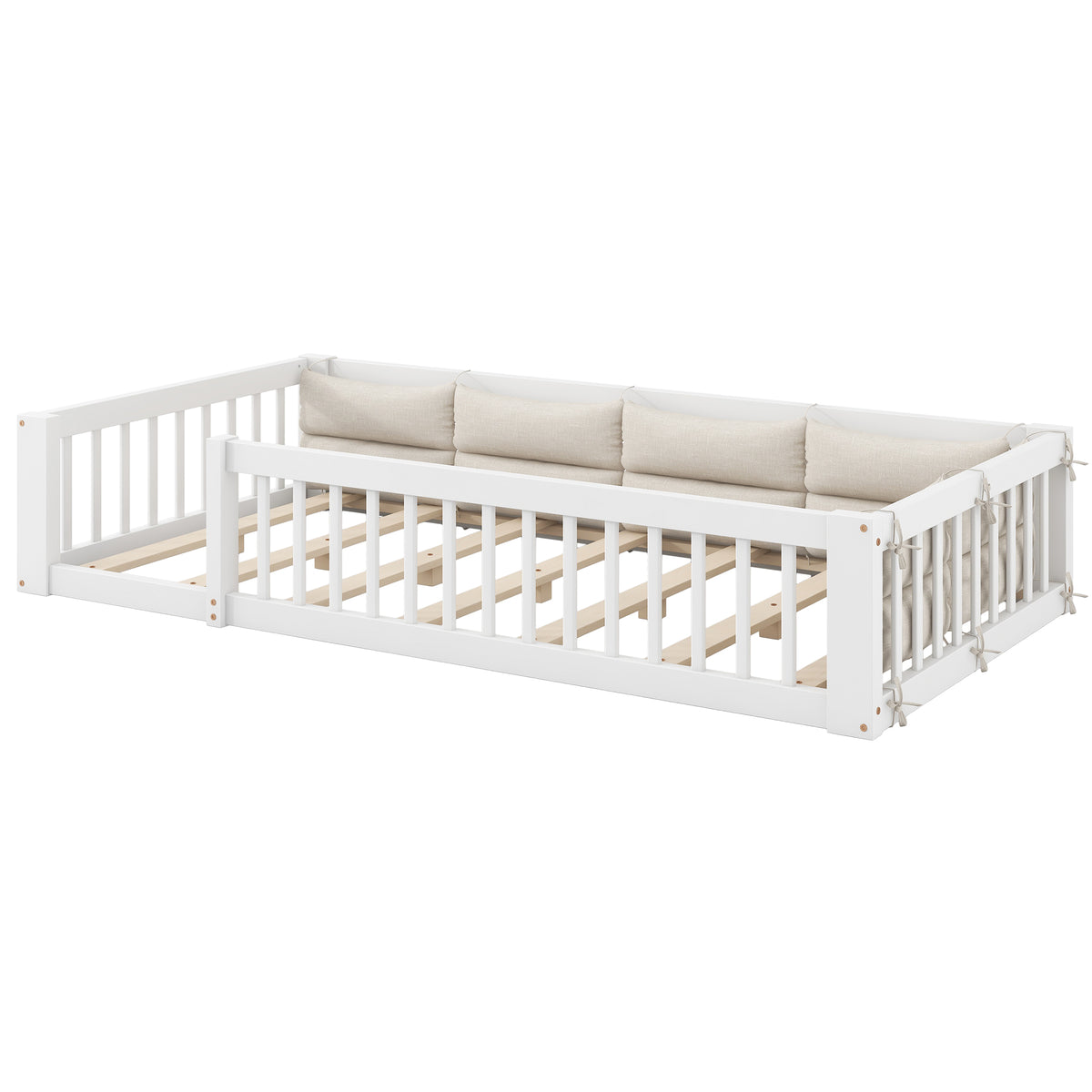 Platform Bed with Side Rails & Pillows, 90x200 cm, White