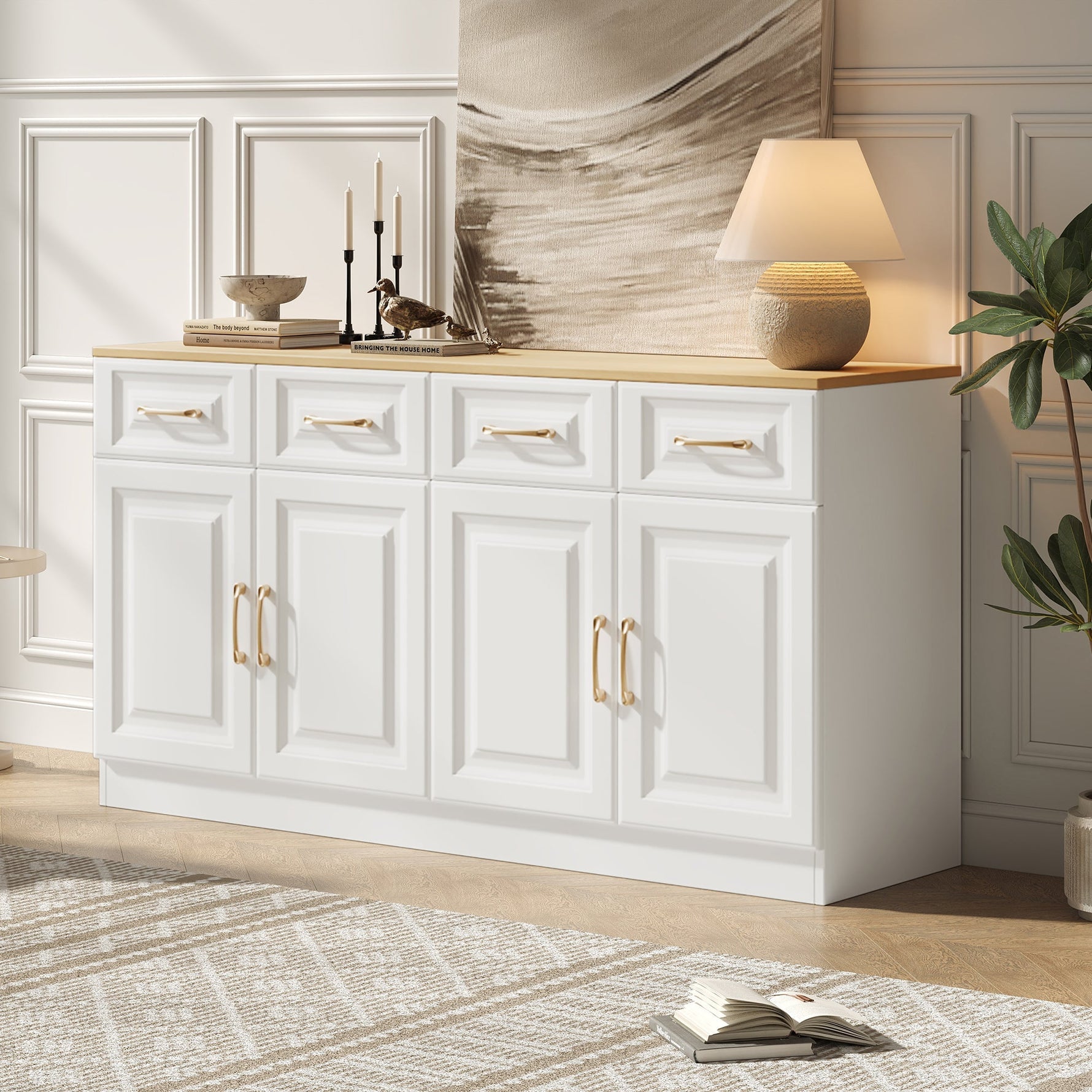 Sideboard Buffet Storage Cabinet 140cm 4 Drawers 4 Barn Doors White Wood