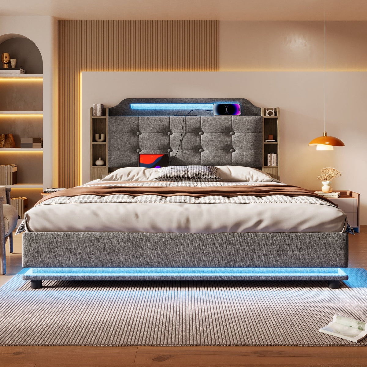 Upholstered Bed 140x200cm, LED Light Strip, Hydraulic Storage, USB + Type-C, Grey Linen