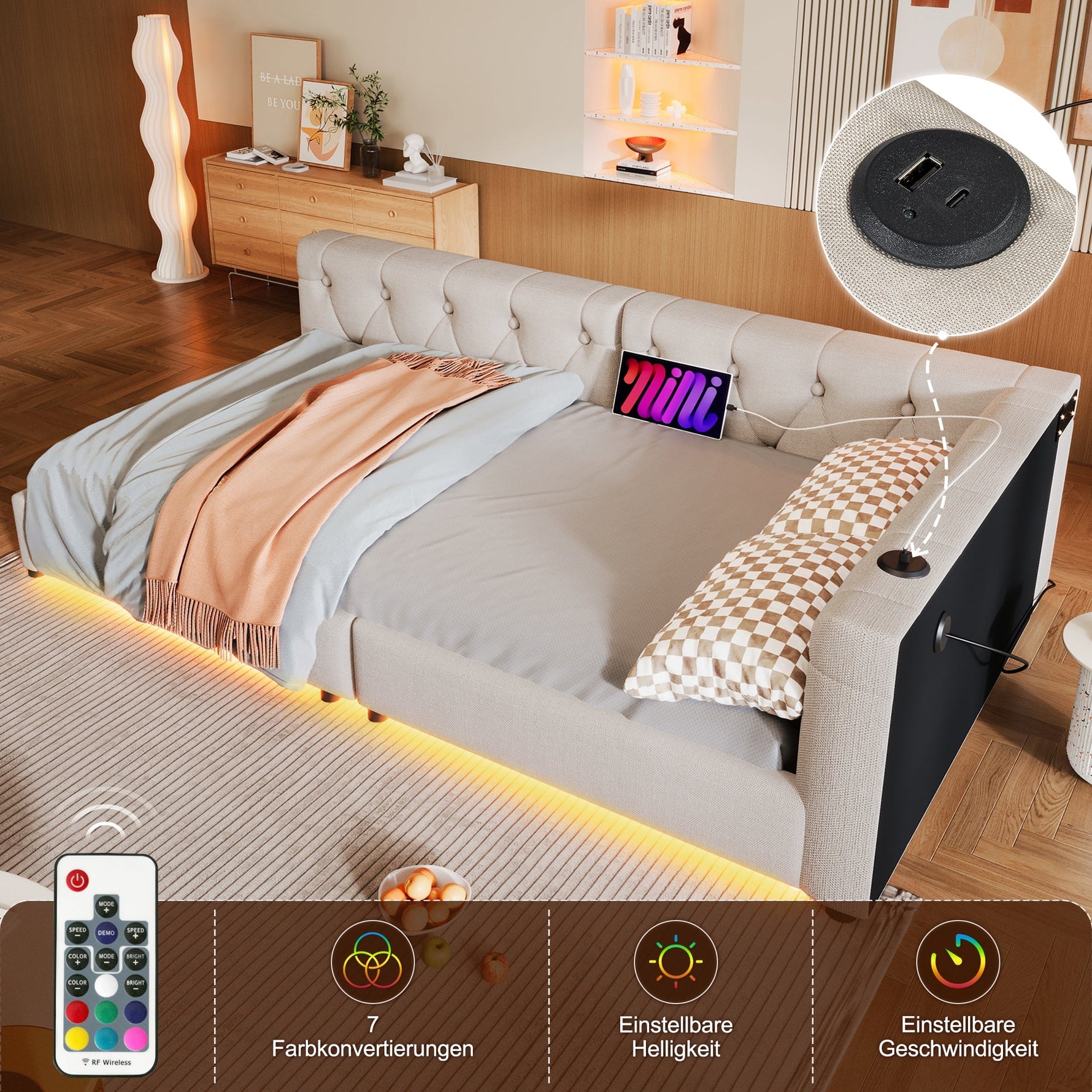 Daybed Sofa Bed 90x200cm Slatted Base LED Remote USB-C Linen Beige