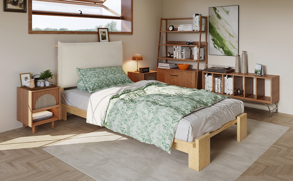 Upholstered Bed, Padded Headboard with Velcro and Sturdy Slatted Base, Pine and Plywood, Natural