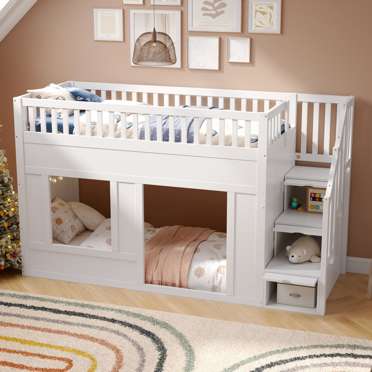 Children's Bunk Bed 90x200cm with Staircase Wardrobe, White