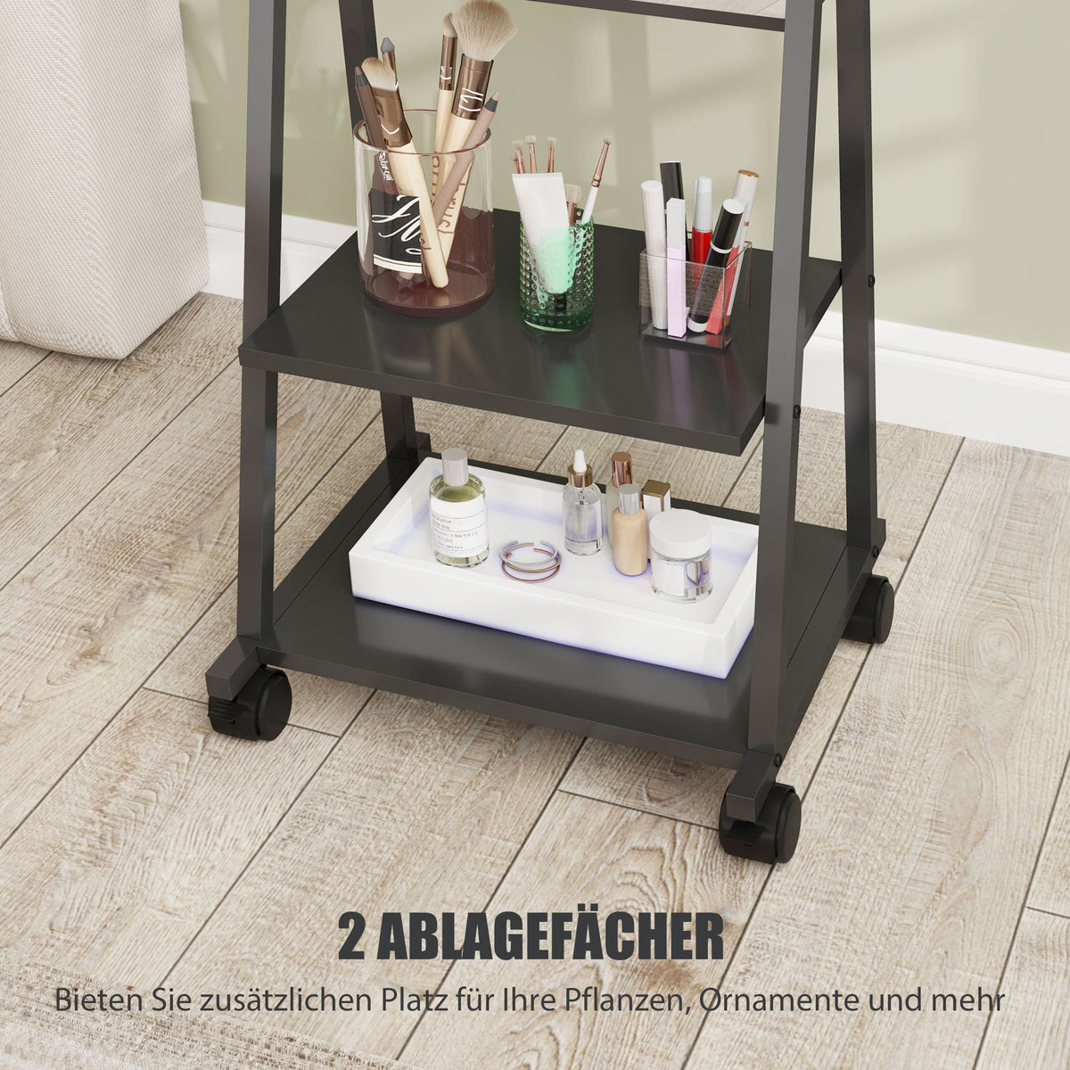 Full-Length Mirror, 42 x 155 cm with Shelf and Wheels, Black
