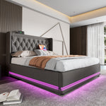 Upholstered Bed, Double 160x200cm Hydraulic Storage with USB & LED, Gray Cotton
