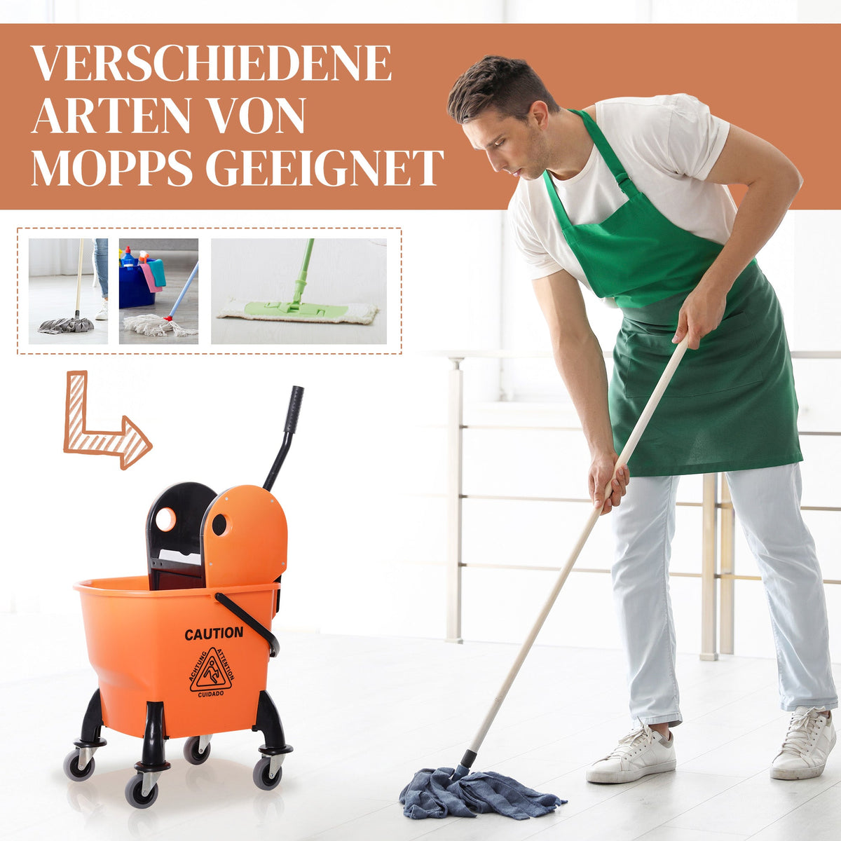 Cleaning Cart with Wringer, 26 Liter Mobile Bucket, 4 Wheels, Orange
