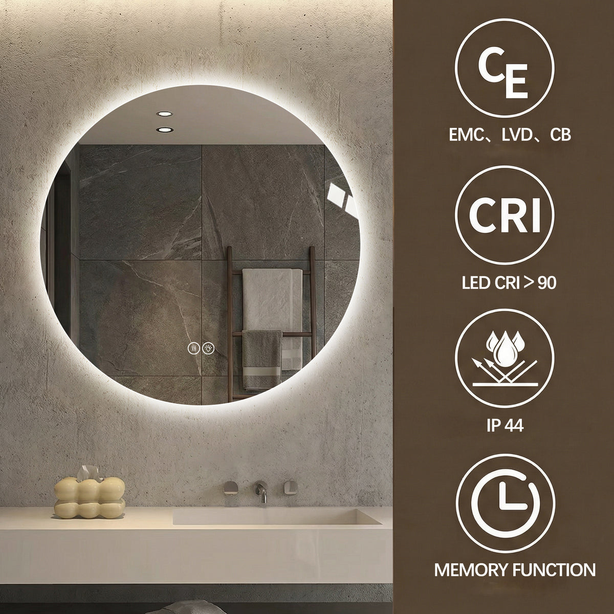 Round LED Bathroom Mirror 70 cm - Anti-Fog Dimmable HD Silver Glass