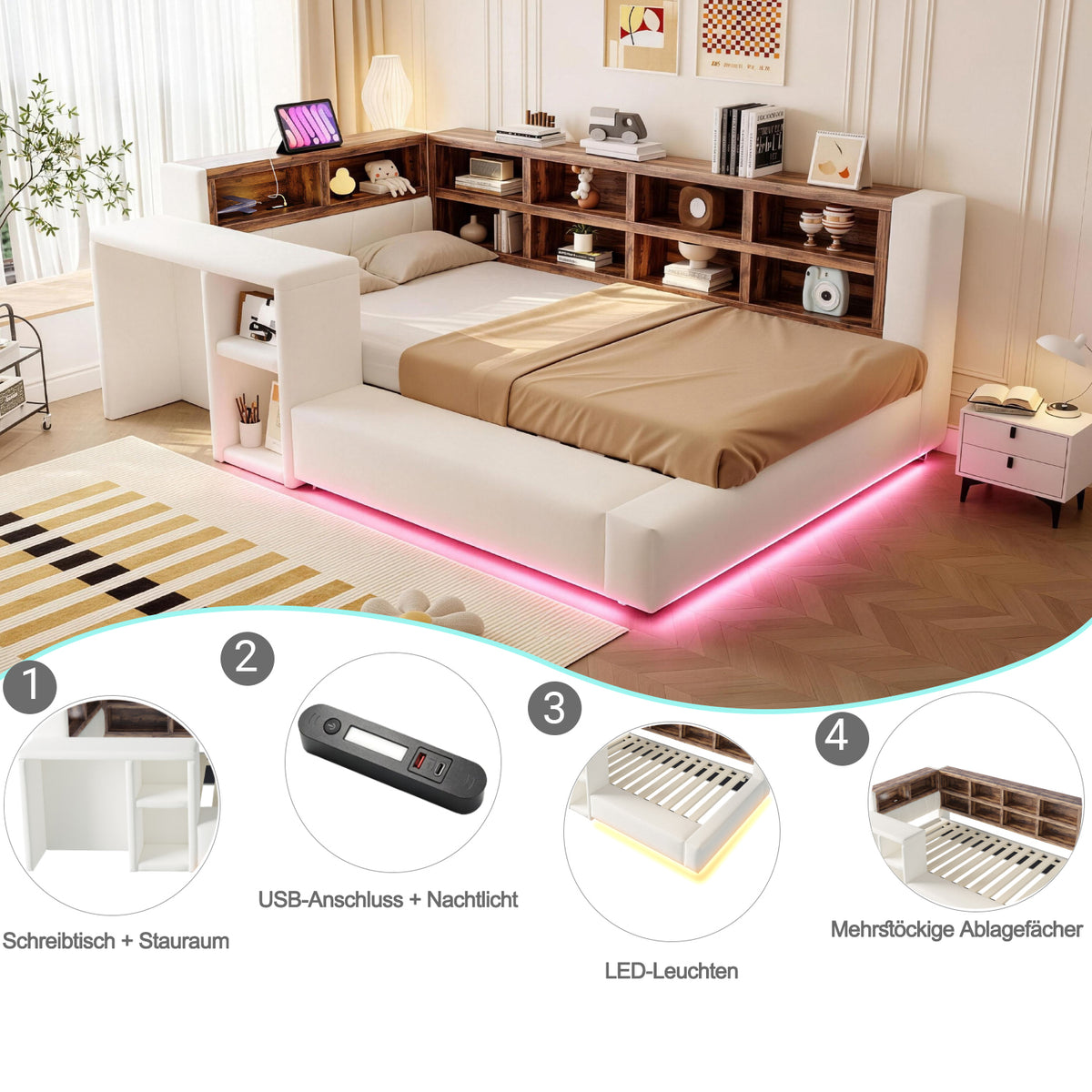 Upholstered Bed 90x200cm with Storage & LED Light, Beige