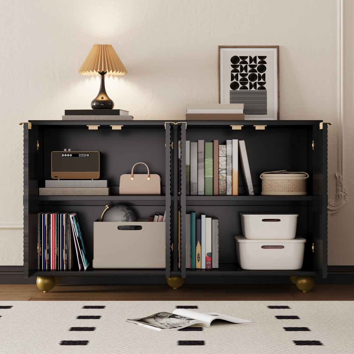 Sideboard with Four Molded Doors and Adjustable Shelves, Metal Handles and Ball-Shaped Legs