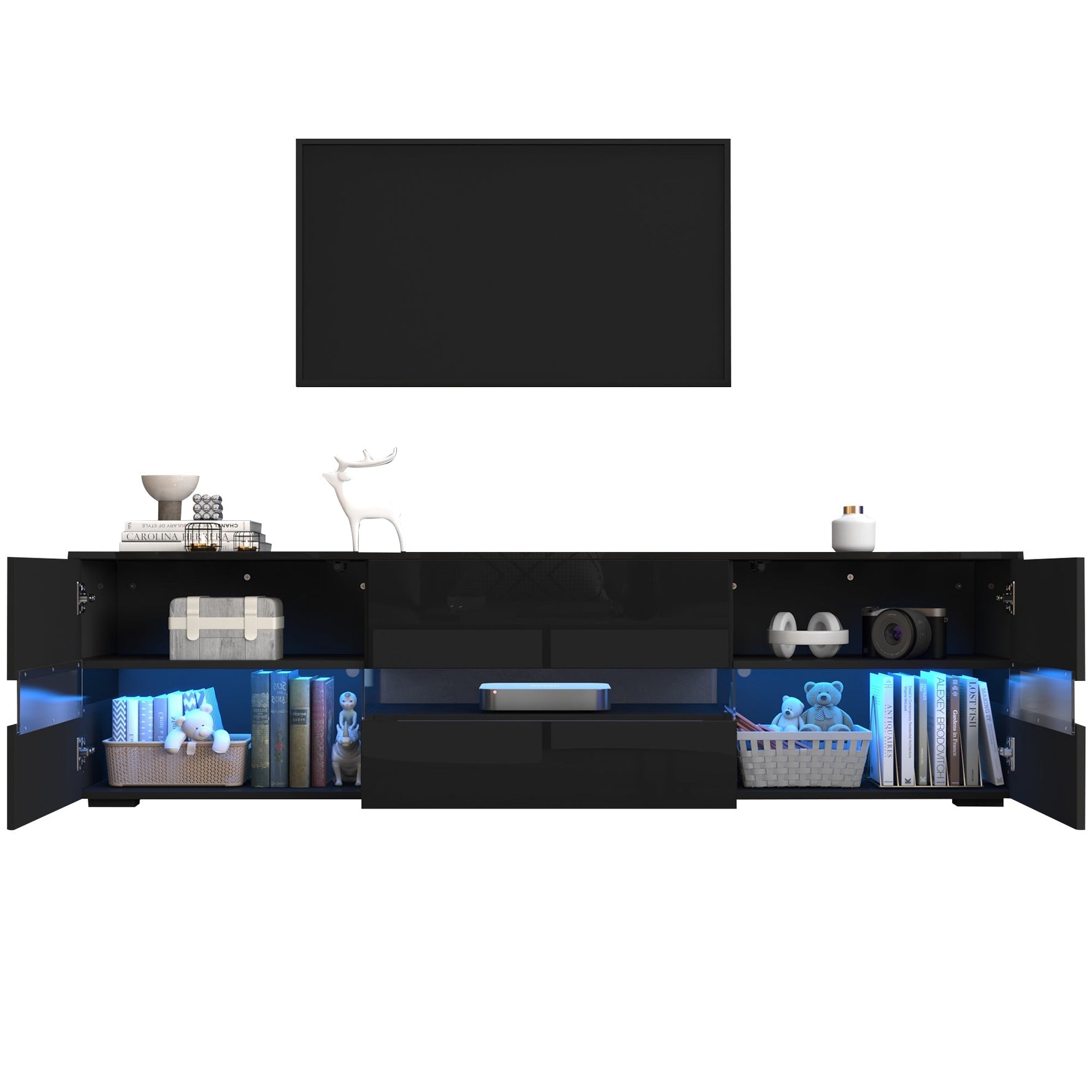Modern High-Gloss TV Cabinet 160x39x45cm LED 2 Doors 1 Drawer - Black