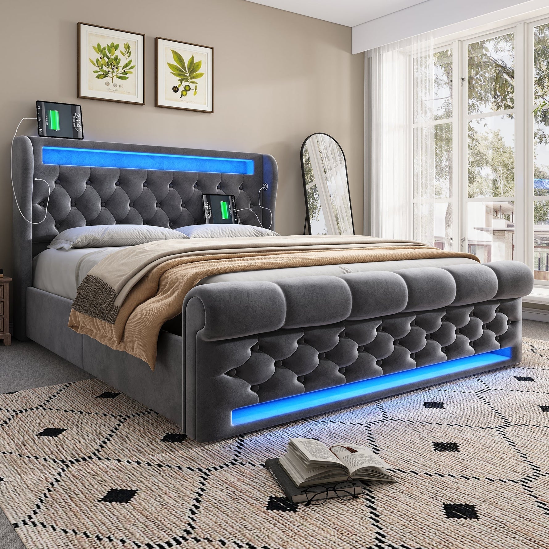 Modern Upholstered Double Bed with LED, Storage Headboard and USB, 140x190cm, Grey Velvet
