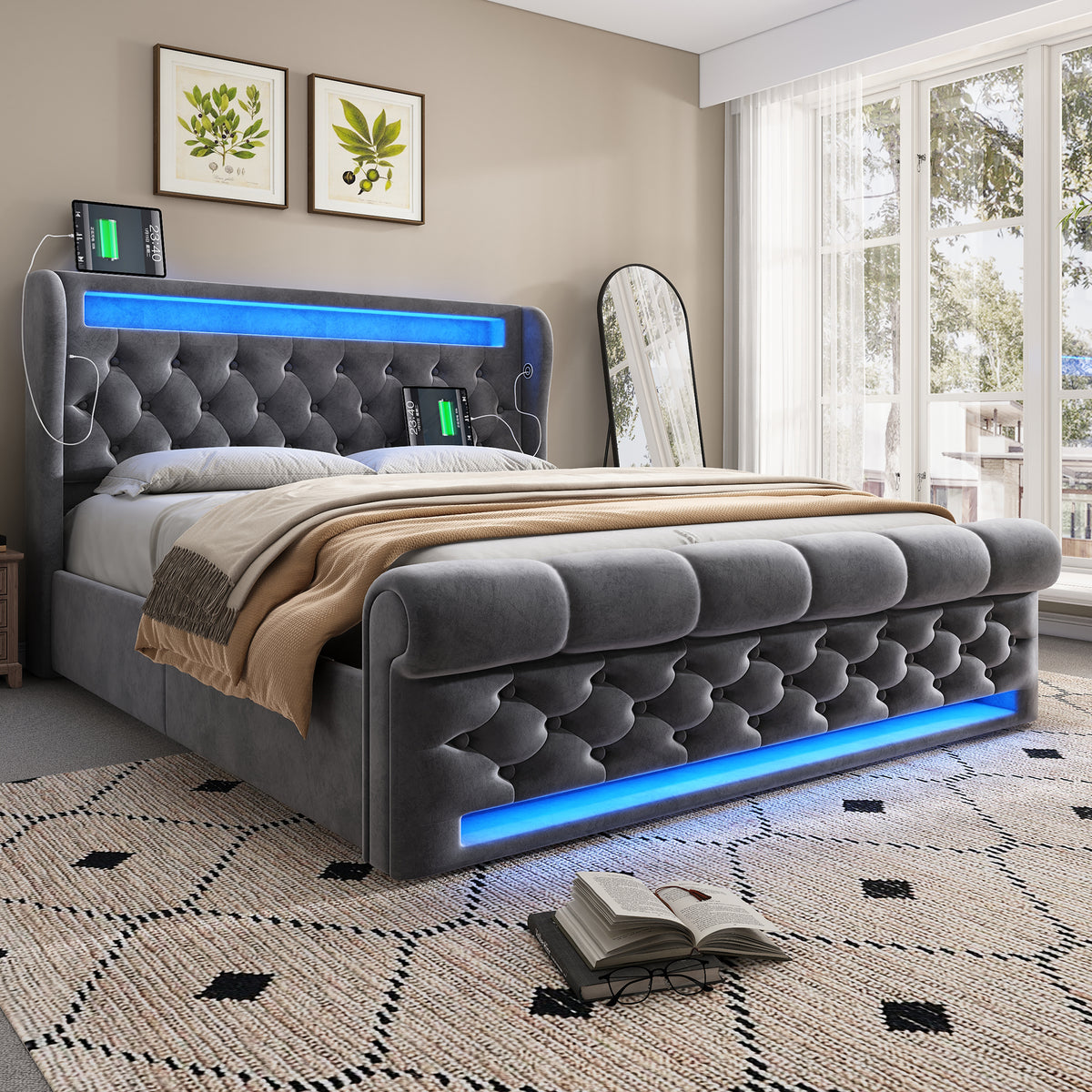 Modern Upholstered Bed 160x200cm with LED & Storage, Grey Velvet