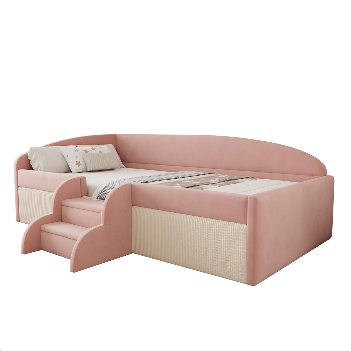 Upholstered Sofa Bed, 90x190cm Multifunctional with Steps and Railings, Velvet Fabric Pink + Cream White