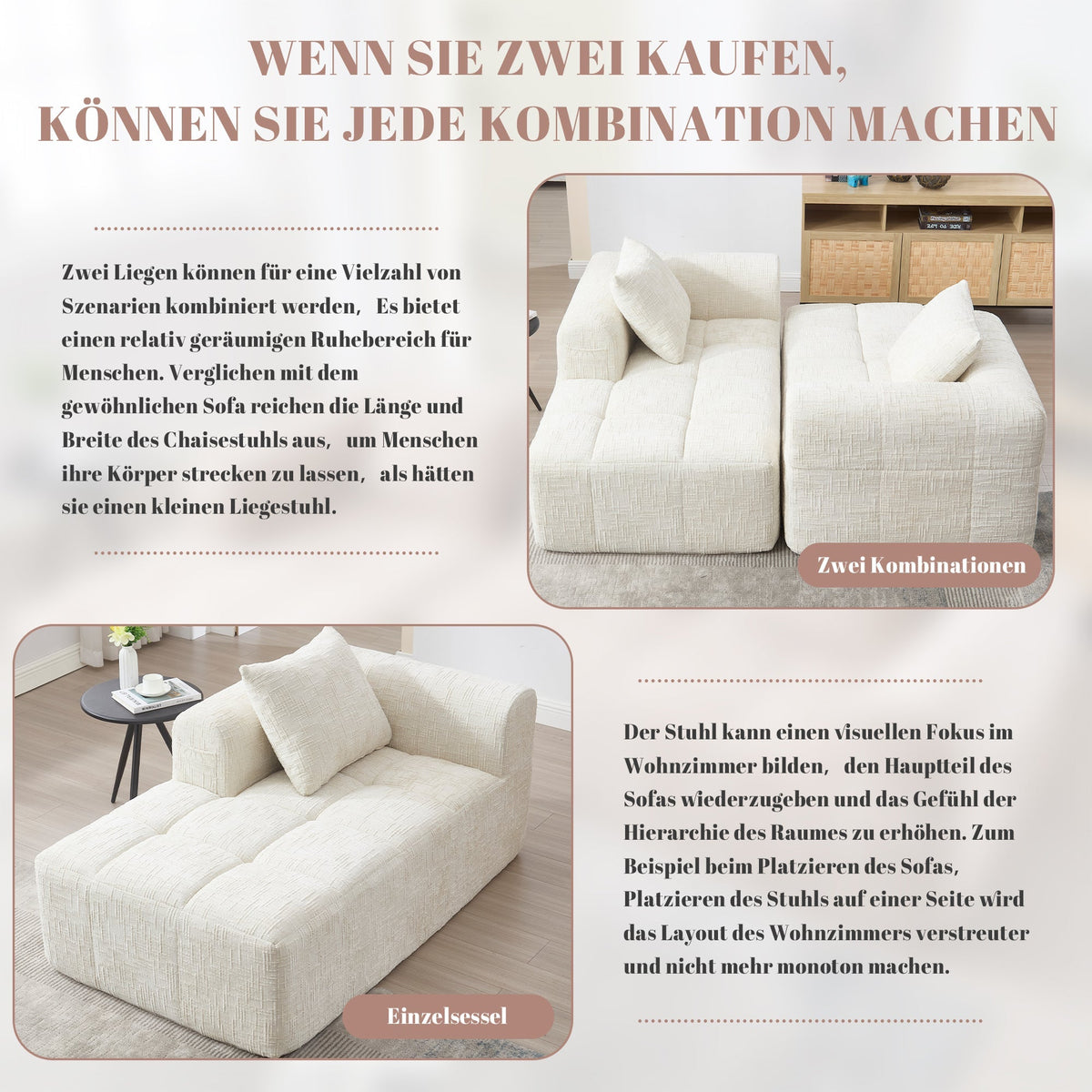Chaise Longue Sofa, Comfortable No Assembly Side Pockets, Beige
