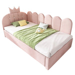 Sofa Bed with Pull-out Bed, 90x200cm Single Guest Bed with Crown Lattice Design, Pink Velvet