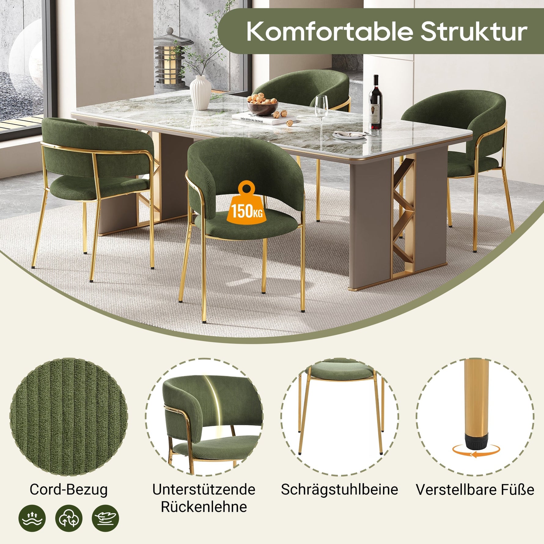 Modern Chairs Set of 6 with Angled Legs and Adjustable Feet, Green Corduroy