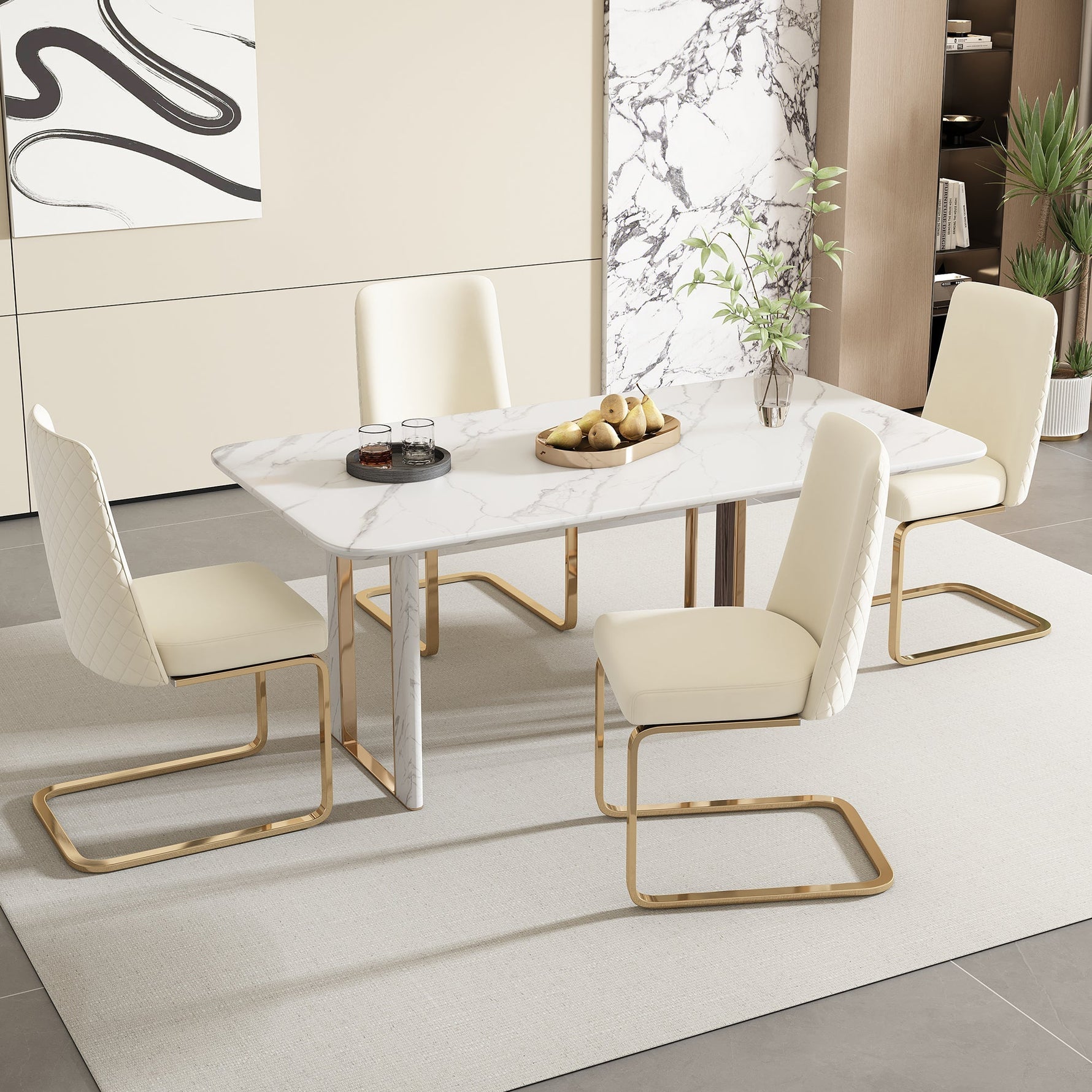 Velvet Dining Chair Set of 2 Diamond Back Gold Legs - Beige