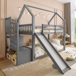 Bunk Bed House Bed 90x200cm Storage Stairs Slide Railing, Grey