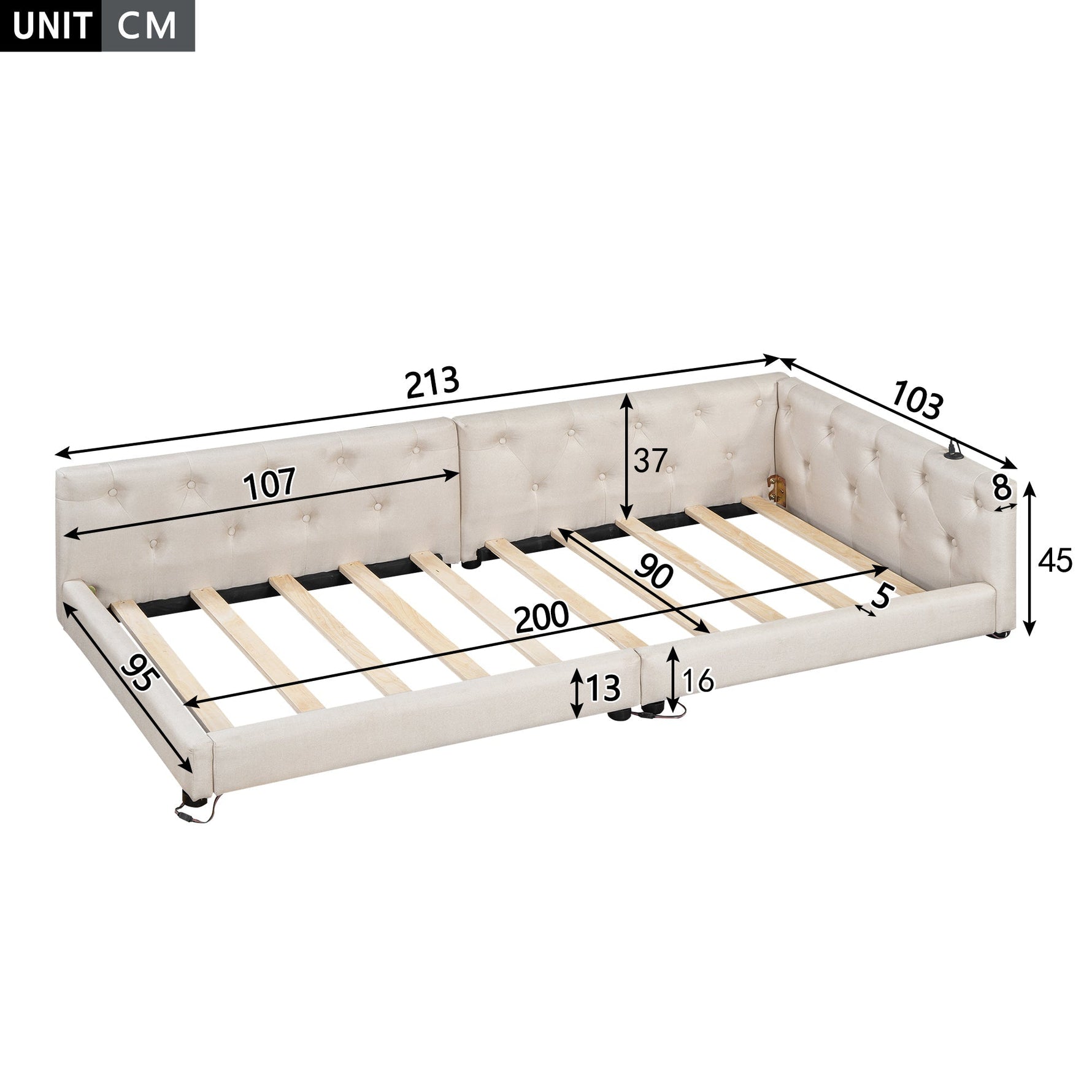 Daybed Sofa Bed 90x200cm Slatted Base LED Remote USB-C Linen Beige