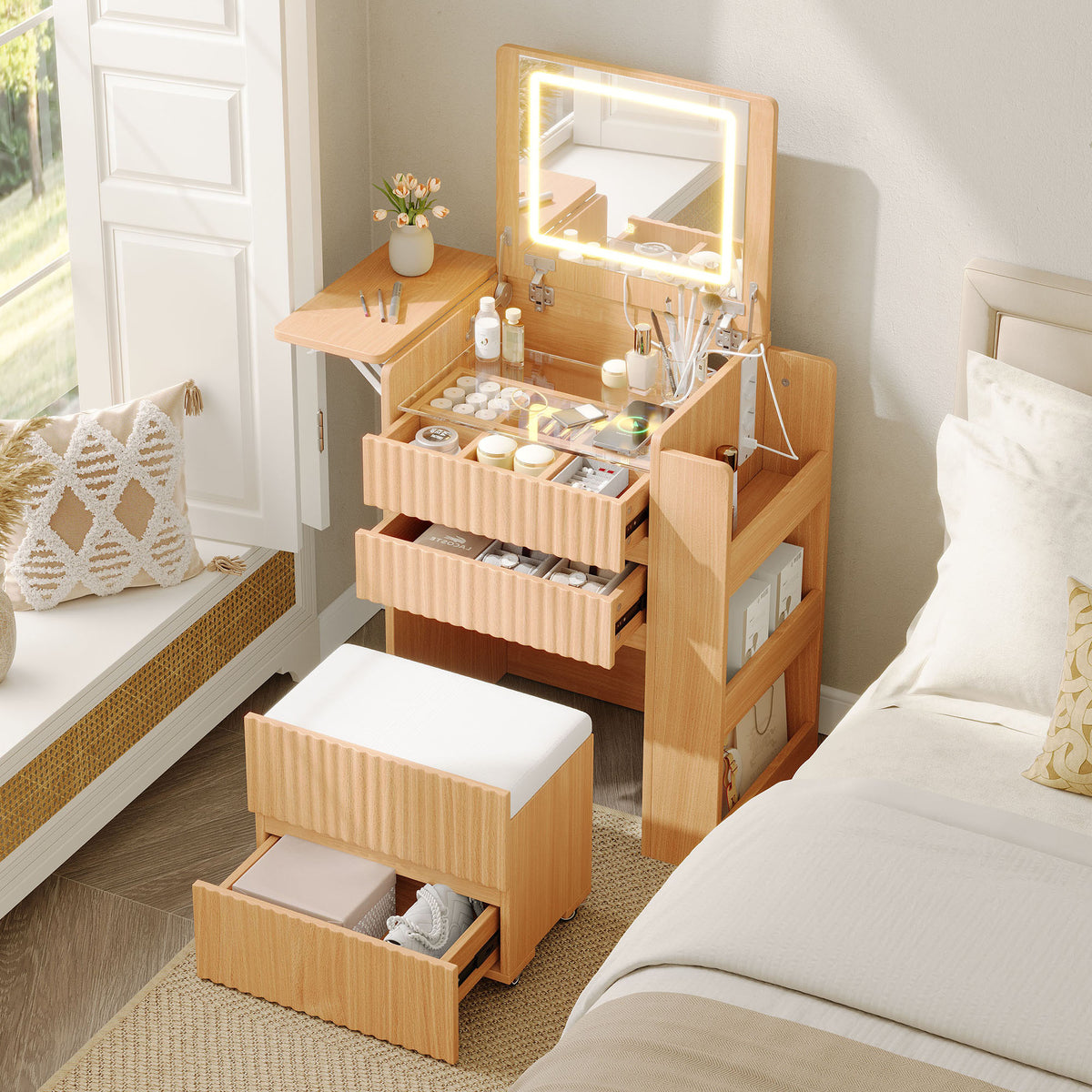 Small Vanity Table Set with LED Mirror & Power Outlets