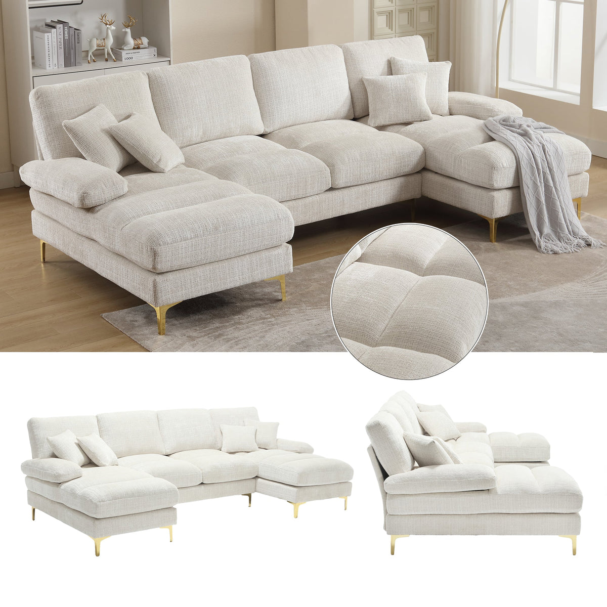 Modern Large Chenille U-Shape Sectional Sofa, Double Reclining Seats, for Living Room, Bedroom, Office, Apartment, Villa, Home, by the Fireplace