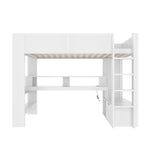 Loft Bed with Gaming Desk, LED Lights and Storage Shelves, White