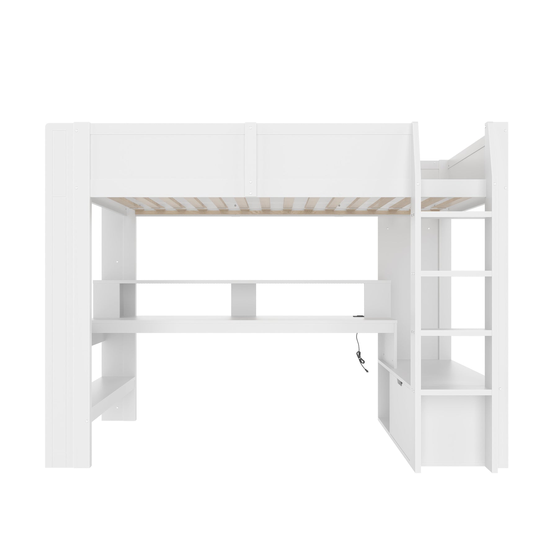 Loft Bed with Gaming Desk, LED Lights and Storage Shelves, White