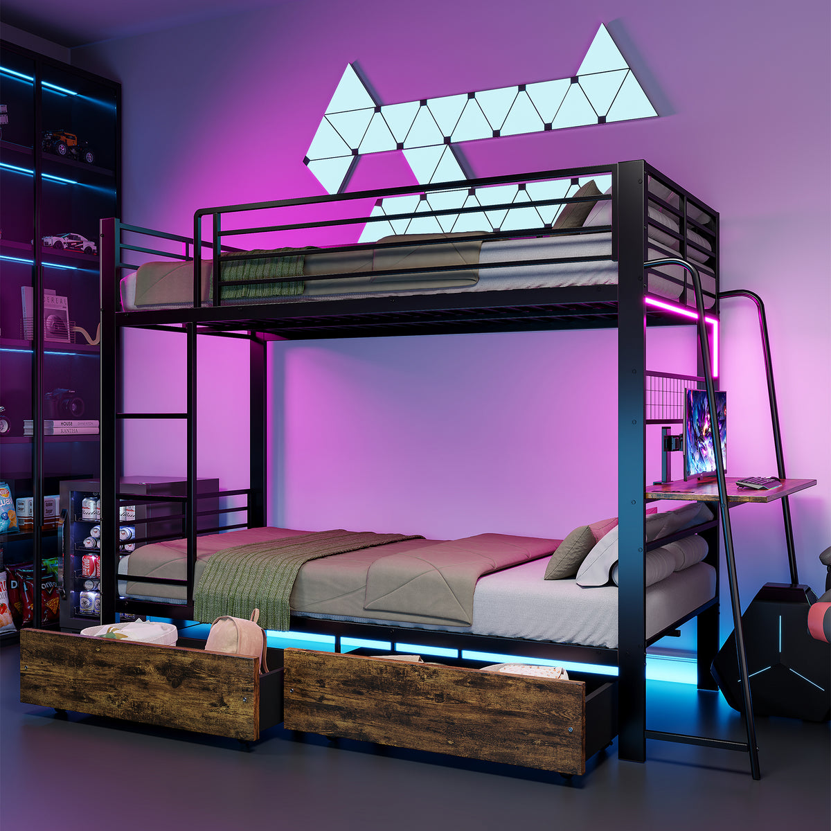 Bunk Bed 90x200cm with Desk, LED & Storage Drawers, Metal