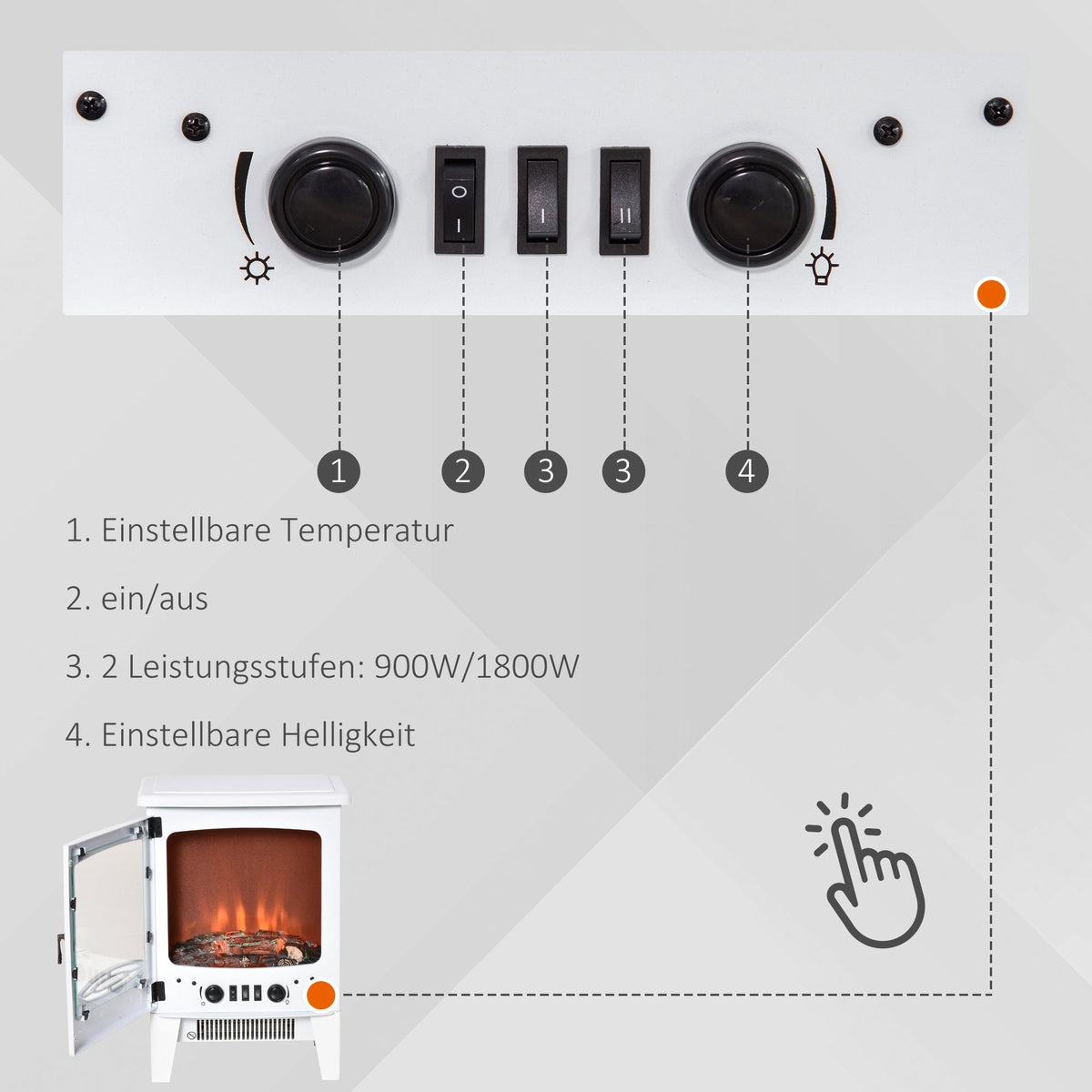 Electric Fireplace, LED Flame Effect 900/1800W, White Metal & ABS Plastic