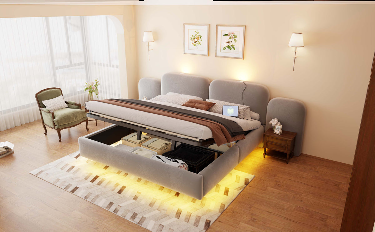 Upholstered Bed 180x200cm with Storage & LED, Grey Velvet