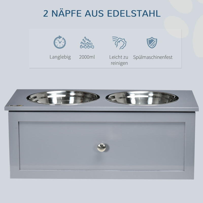 Feeding Station, 2 Bowls with Drawer, for Medium Dogs, Gray