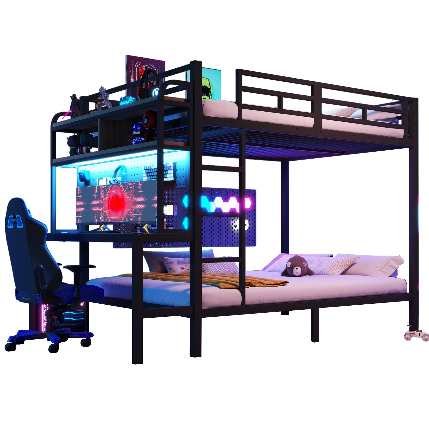 Bunk Bed with Desk, Storage, LED Light and USB Port, 140 x 200 cm, Black Iron